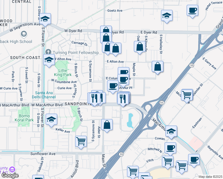 map of restaurants, bars, coffee shops, grocery stores, and more near 3411 South Main Street in Santa Ana