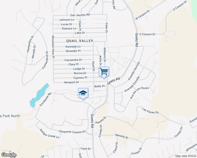 map of restaurants, bars, coffee shops, grocery stores, and more near Cypress Place in Menifee