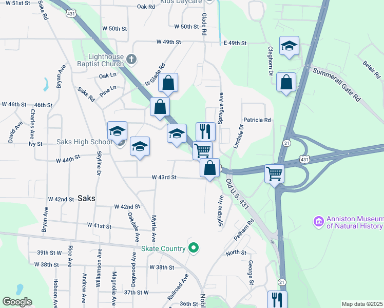 map of restaurants, bars, coffee shops, grocery stores, and more near 31 Watson Street in Anniston