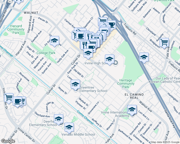 map of restaurants, bars, coffee shops, grocery stores, and more near 4192 Belvedere Street in Irvine