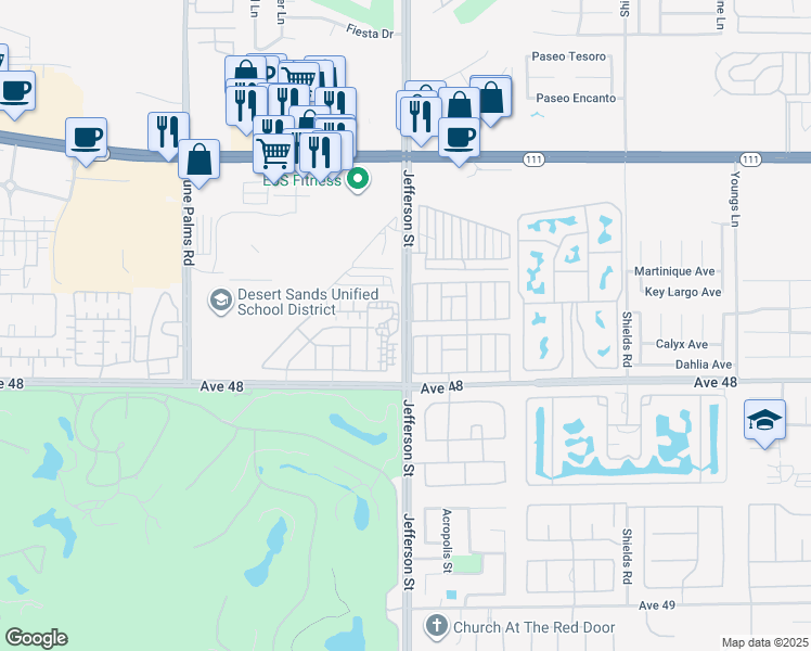 map of restaurants, bars, coffee shops, grocery stores, and more near 47747 Gertrude Way in La Quinta