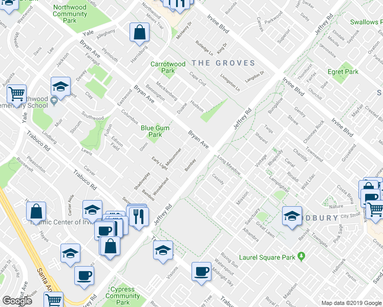 map of restaurants, bars, coffee shops, grocery stores, and more near 42 Midsummer in Irvine