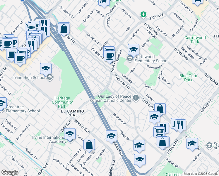 map of restaurants, bars, coffee shops, grocery stores, and more near 18 Antietam in Irvine