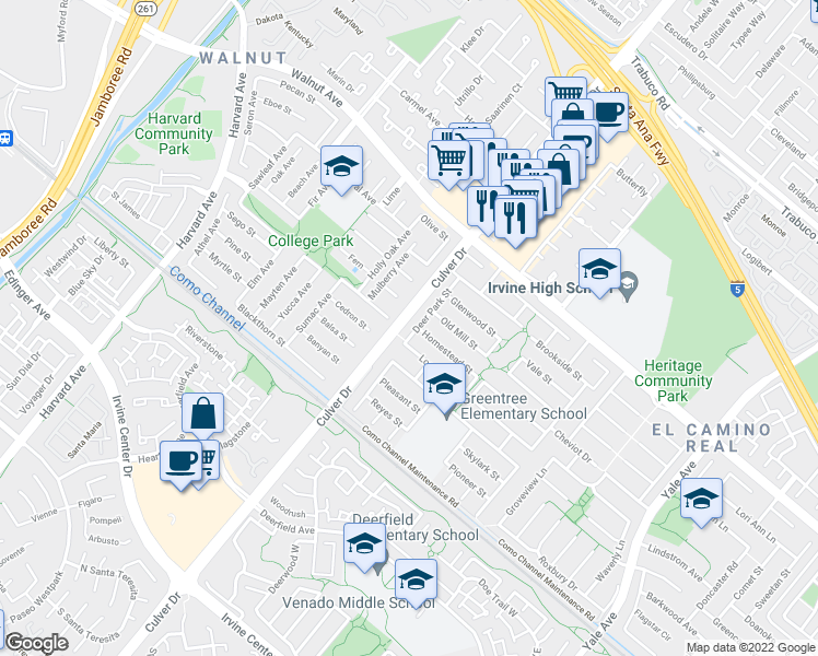 map of restaurants, bars, coffee shops, grocery stores, and more near 3981 Acacia Street in Irvine