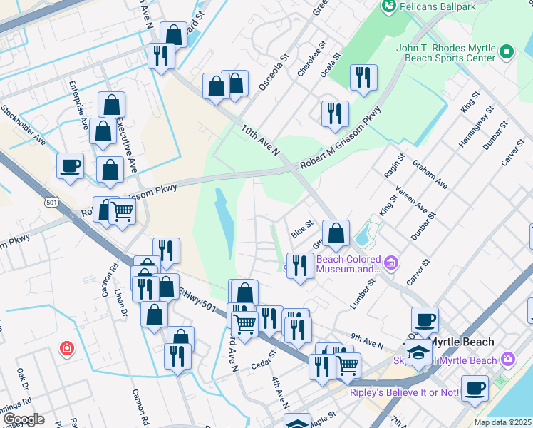 map of restaurants, bars, coffee shops, grocery stores, and more near 970 Canal Street in Myrtle Beach