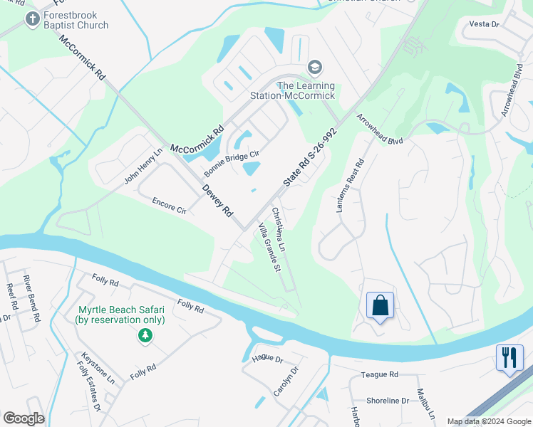map of restaurants, bars, coffee shops, grocery stores, and more near 300 Granada Street in Myrtle Beach