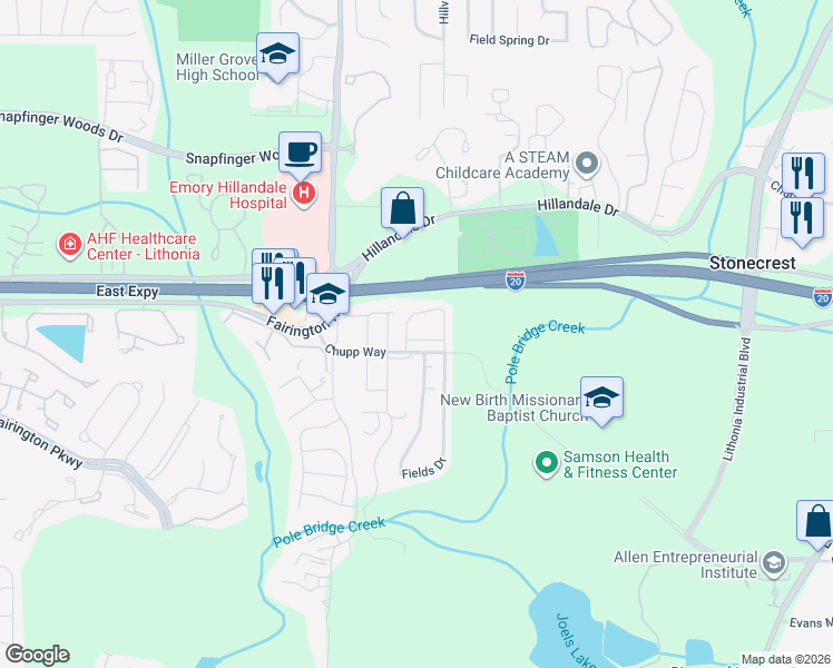 map of restaurants, bars, coffee shops, grocery stores, and more near 6070 Chupp Way Lane in Stonecrest