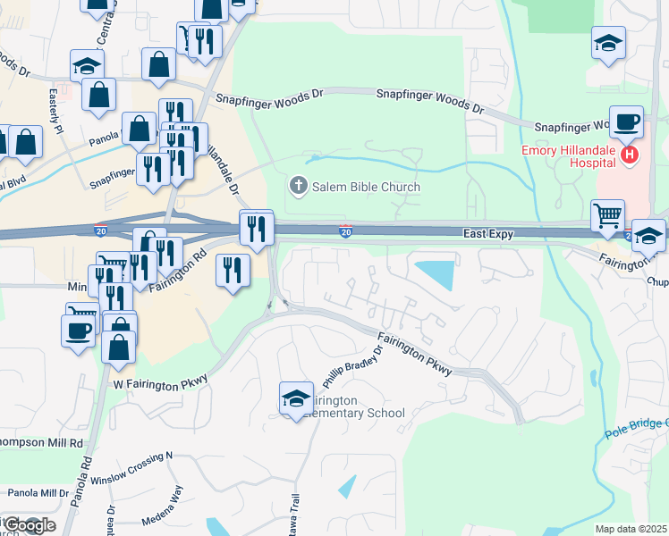 map of restaurants, bars, coffee shops, grocery stores, and more near 43 Le Parc Fontaine in Stonecrest