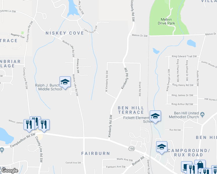 map of restaurants, bars, coffee shops, grocery stores, and more near 1960 West Kimberly Road Southwest in Atlanta