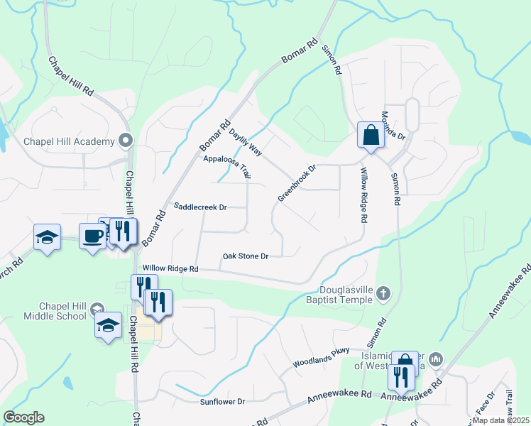 map of restaurants, bars, coffee shops, grocery stores, and more near 3841 Greenbrook Drive in Douglasville