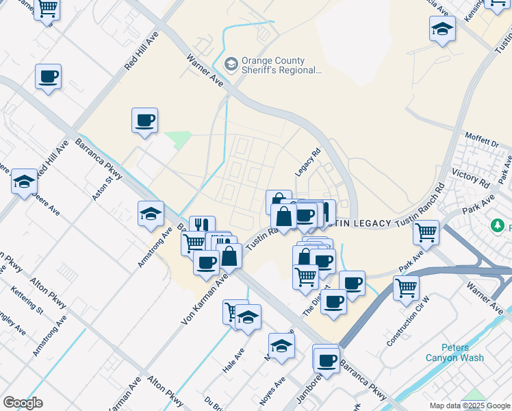 map of restaurants, bars, coffee shops, grocery stores, and more near 16377 Dawn Way in Tustin