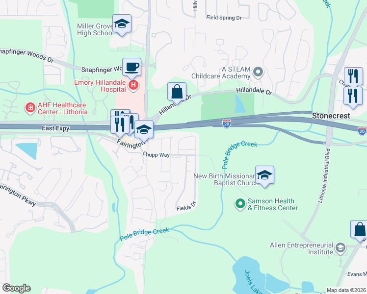 map of restaurants, bars, coffee shops, grocery stores, and more near 6070 Chupp Way Lane in Stonecrest