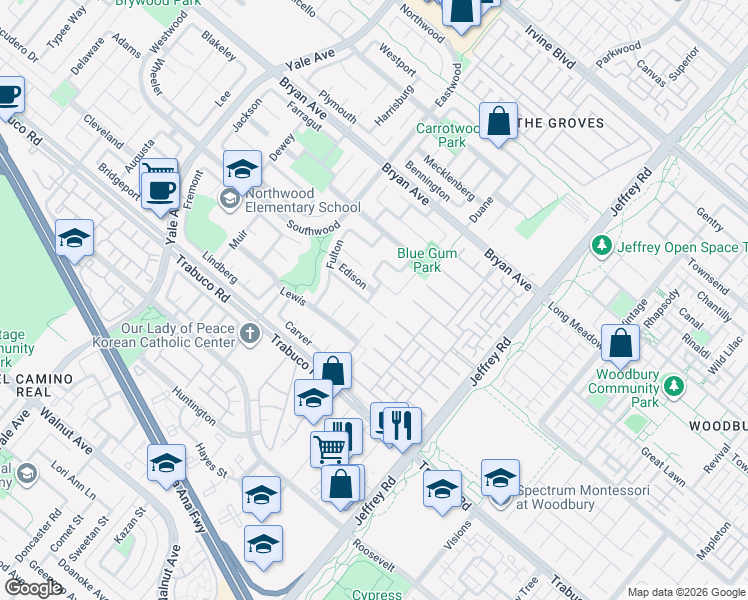 map of restaurants, bars, coffee shops, grocery stores, and more near 25 Field in Irvine