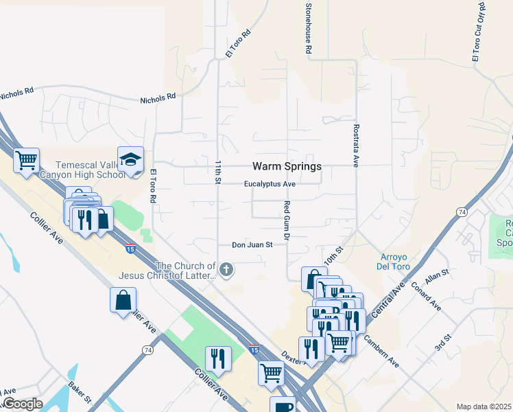 map of restaurants, bars, coffee shops, grocery stores, and more near 18311 Honey Lane in Lake Elsinore