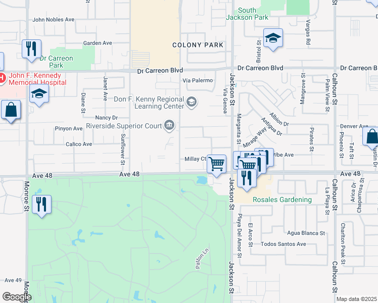 map of restaurants, bars, coffee shops, grocery stores, and more near 82813 Wordsworth Court in Indio