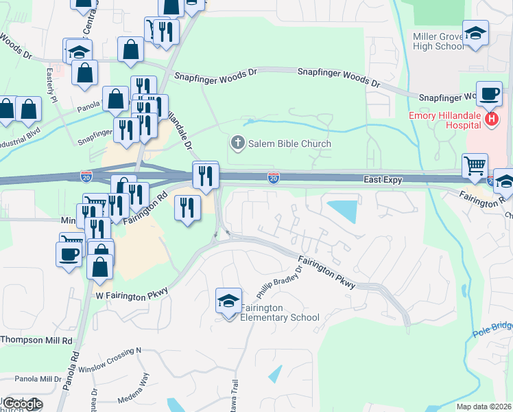 map of restaurants, bars, coffee shops, grocery stores, and more near 71 Place Fontaine in Stonecrest