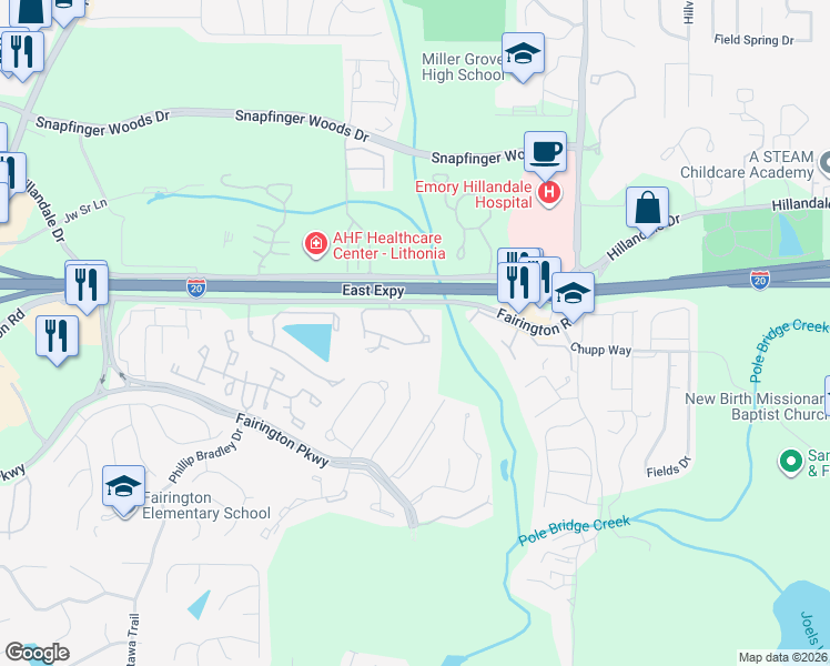 map of restaurants, bars, coffee shops, grocery stores, and more near 109 Willowick Drive in Stonecrest