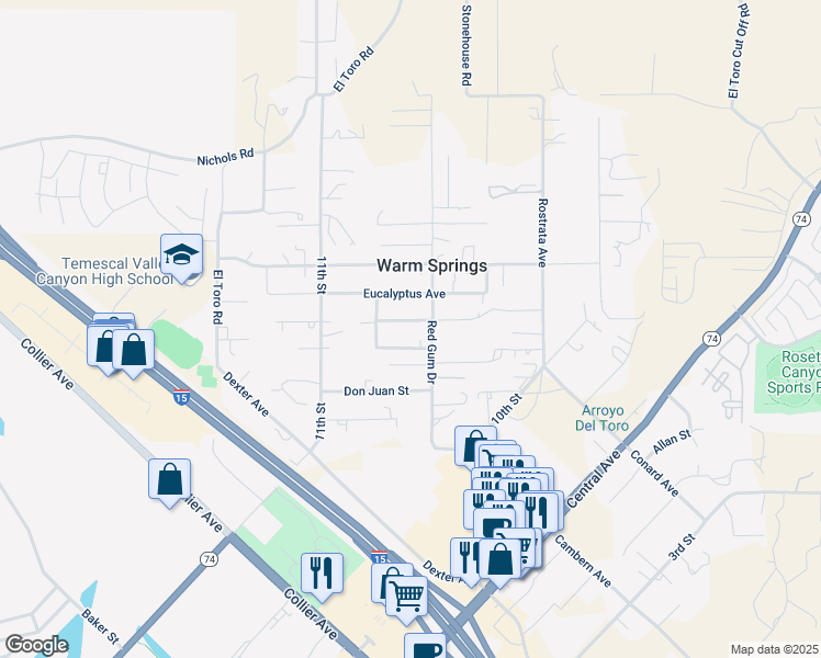 map of restaurants, bars, coffee shops, grocery stores, and more near 18365 Honey Lane in Lake Elsinore