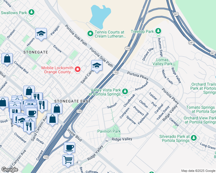map of restaurants, bars, coffee shops, grocery stores, and more near 89 Kestrel in Irvine