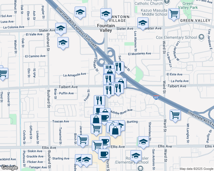 map of restaurants, bars, coffee shops, grocery stores, and more near Brookhurst Street & Talbert Avenue in Fountain Valley