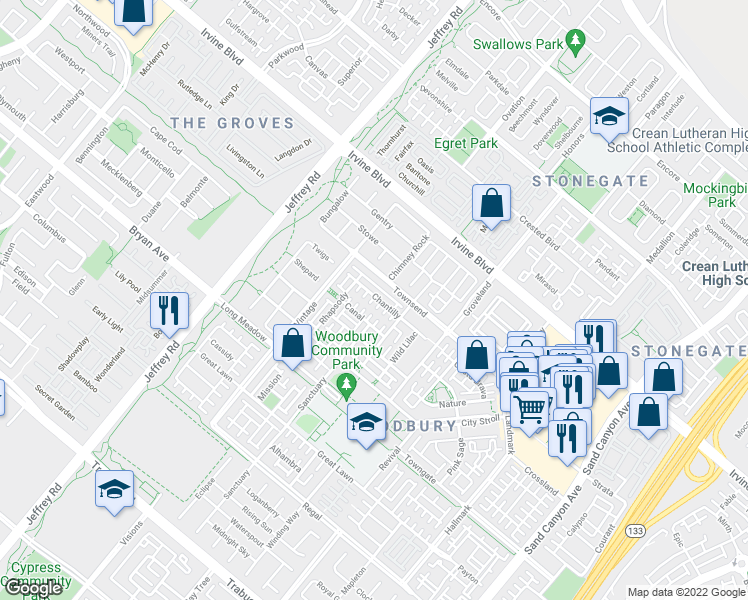 map of restaurants, bars, coffee shops, grocery stores, and more near 80 Chantilly in Irvine