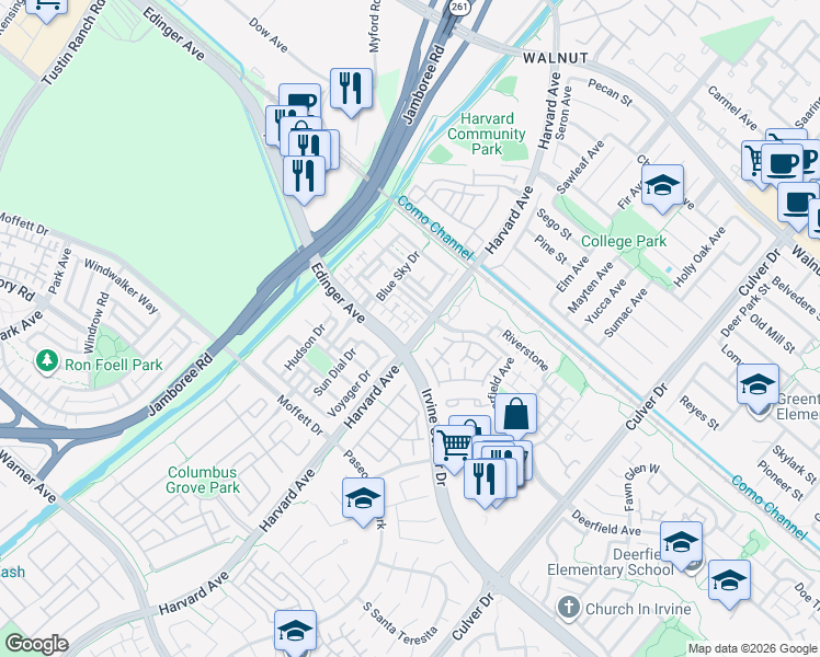 map of restaurants, bars, coffee shops, grocery stores, and more near 328 Flyers Lane in Tustin
