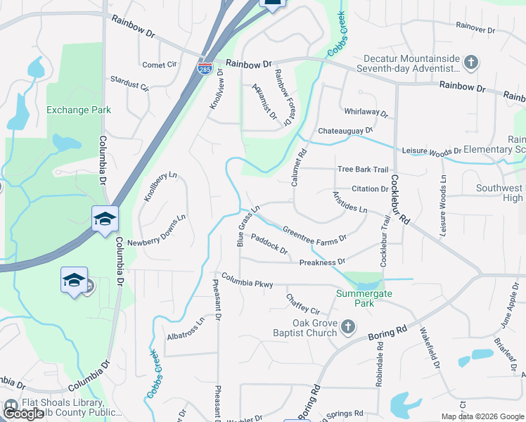 map of restaurants, bars, coffee shops, grocery stores, and more near 3590 Greentree Farms Drive in Decatur