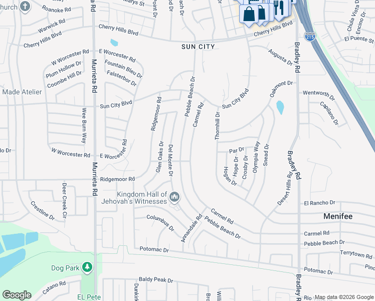 map of restaurants, bars, coffee shops, grocery stores, and more near 28839 Carmel Road in Menifee