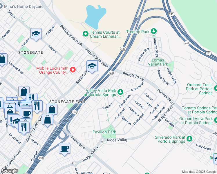 map of restaurants, bars, coffee shops, grocery stores, and more near 68 Kestrel in Irvine