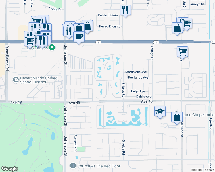 map of restaurants, bars, coffee shops, grocery stores, and more near in Indio