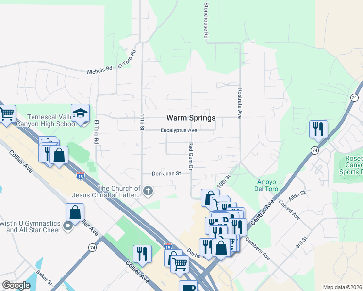 map of restaurants, bars, coffee shops, grocery stores, and more near 18365 Honey Lane in Lake Elsinore