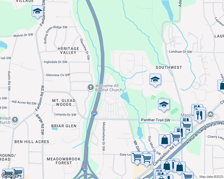 map of restaurants, bars, coffee shops, grocery stores, and more near 3223 Tallon Lane Southwest in Atlanta