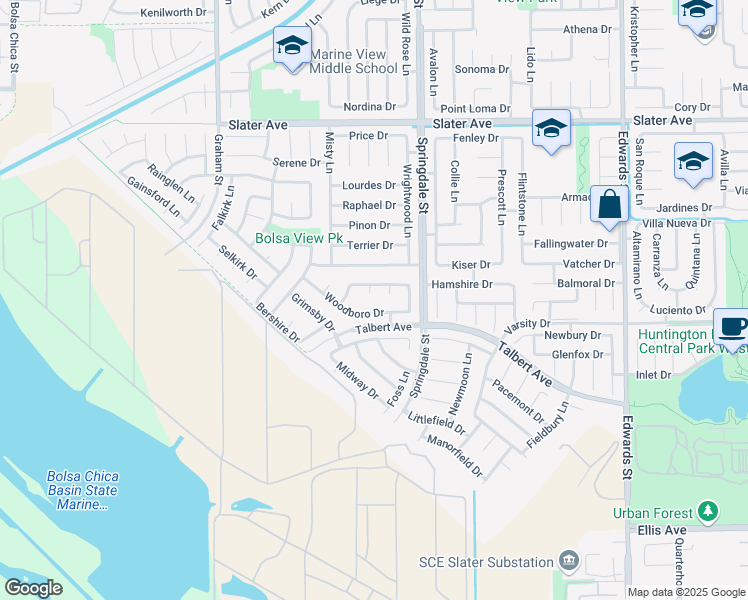 map of restaurants, bars, coffee shops, grocery stores, and more near 17932 Portside Circle in Huntington Beach