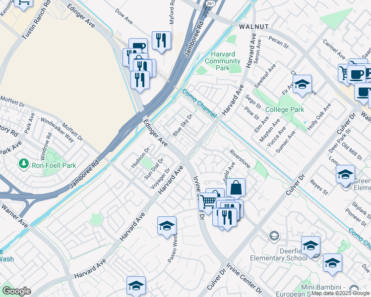 map of restaurants, bars, coffee shops, grocery stores, and more near 341 Flyers Lane in Tustin