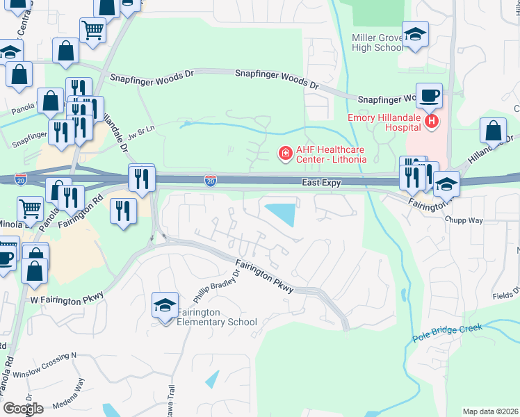 map of restaurants, bars, coffee shops, grocery stores, and more near Walden Brook Drive in Lithonia