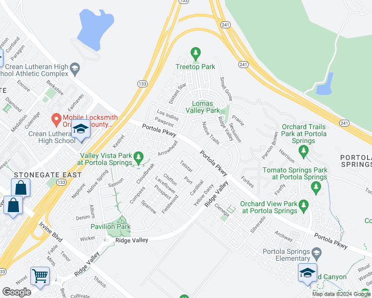 map of restaurants, bars, coffee shops, grocery stores, and more near 147 Carrotwood in Irvine