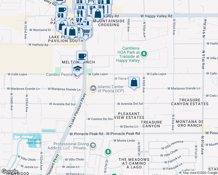 map of restaurants, bars, coffee shops, grocery stores, and more near 24012 North 97th Avenue in Peoria