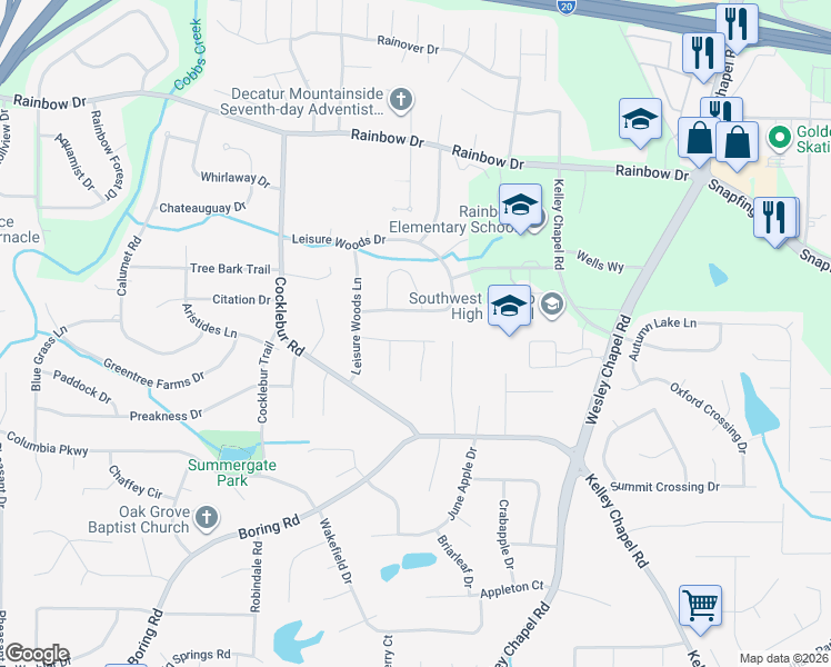 map of restaurants, bars, coffee shops, grocery stores, and more near 3898 Grand Pines Drive in Decatur