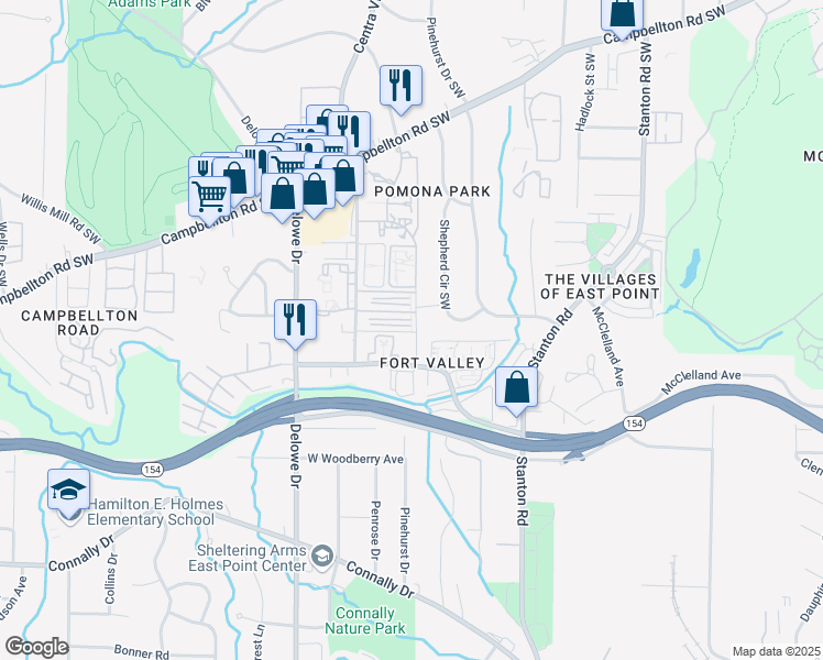 map of restaurants, bars, coffee shops, grocery stores, and more near 400 Plaza Lane Southwest in Atlanta