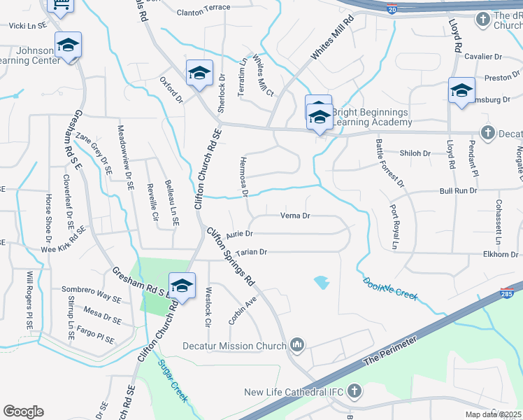 map of restaurants, bars, coffee shops, grocery stores, and more near 2891 Tipany Court in Decatur