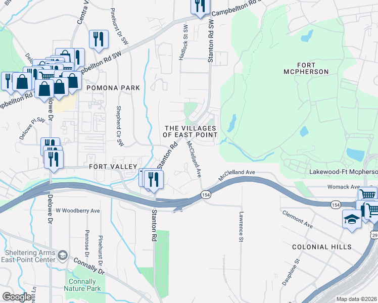 map of restaurants, bars, coffee shops, grocery stores, and more near 1932 Stanton Road in East Point