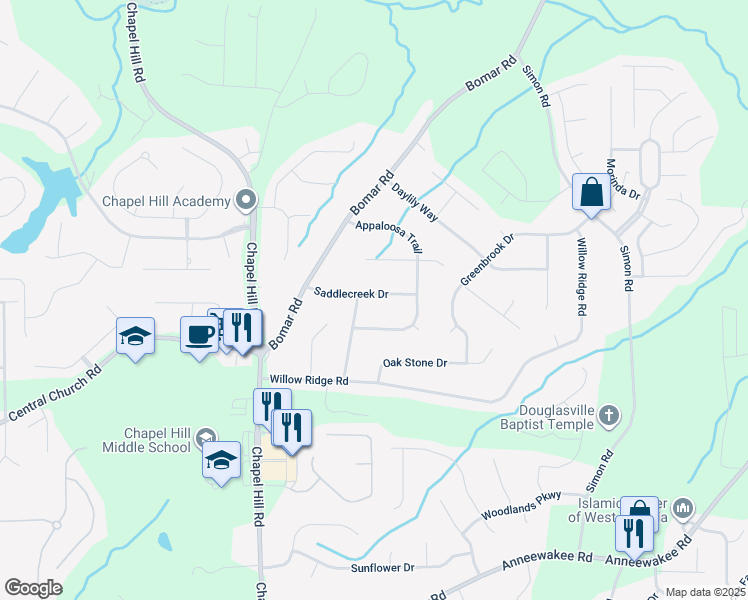 map of restaurants, bars, coffee shops, grocery stores, and more near 3885 Saddlecreek Drive in Douglasville