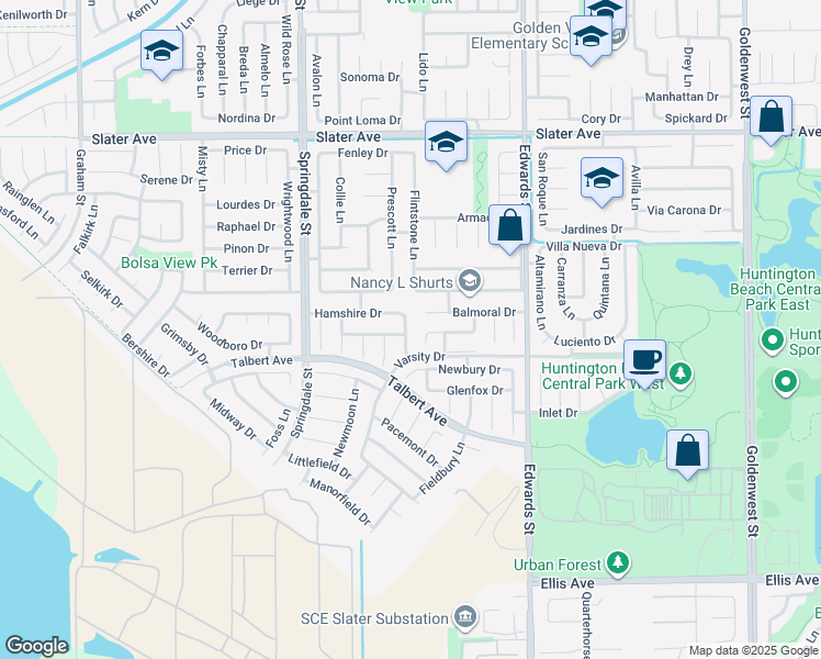map of restaurants, bars, coffee shops, grocery stores, and more near 17942 Hallcroft Lane in Huntington Beach
