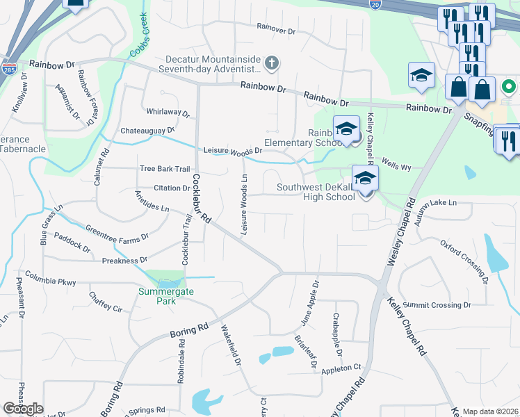 map of restaurants, bars, coffee shops, grocery stores, and more near 3870 Grand Pines Drive in Decatur