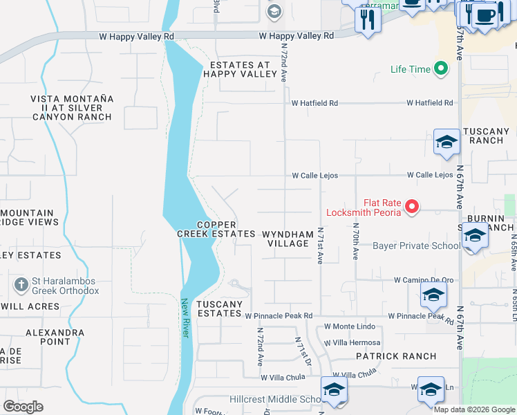 map of restaurants, bars, coffee shops, grocery stores, and more near 8326 West Softwind Drive in Peoria