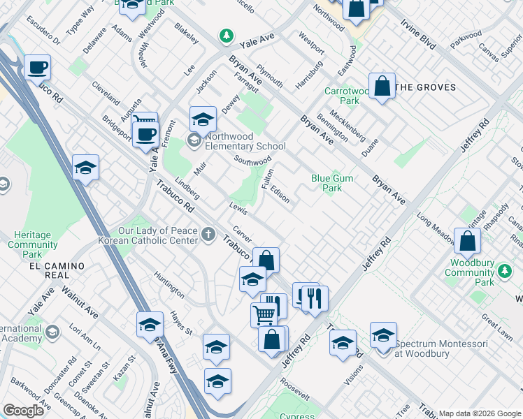map of restaurants, bars, coffee shops, grocery stores, and more near 11 De Forest in Irvine