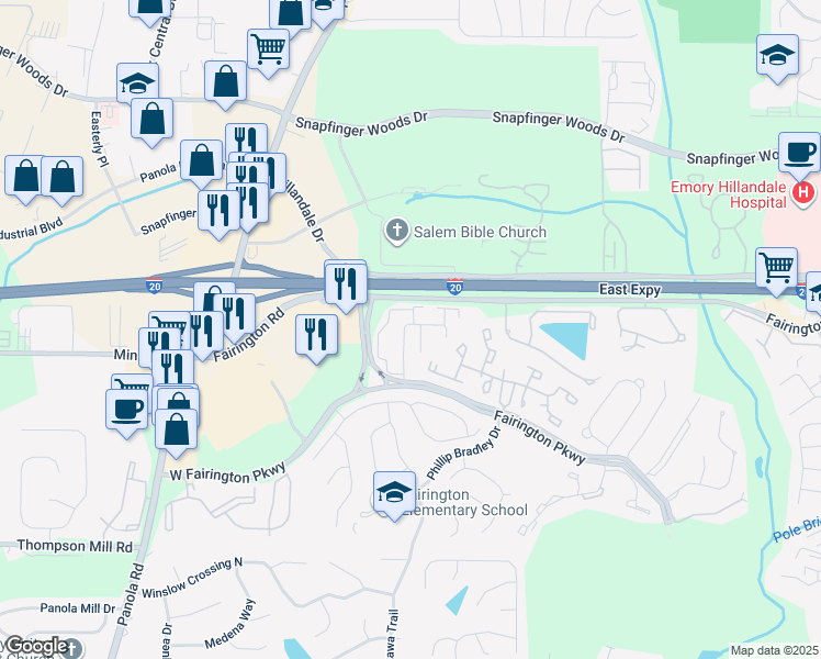 map of restaurants, bars, coffee shops, grocery stores, and more near 21 Rue Fontaine in Stonecrest