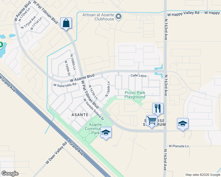 map of restaurants, bars, coffee shops, grocery stores, and more near 23965 North 166th Lane in Surprise