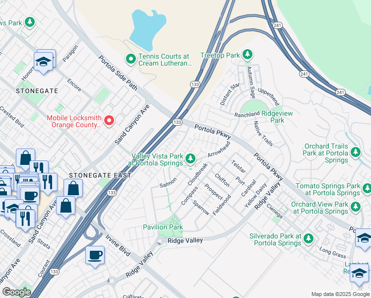 map of restaurants, bars, coffee shops, grocery stores, and more near 127 Bright Poppy in Irvine