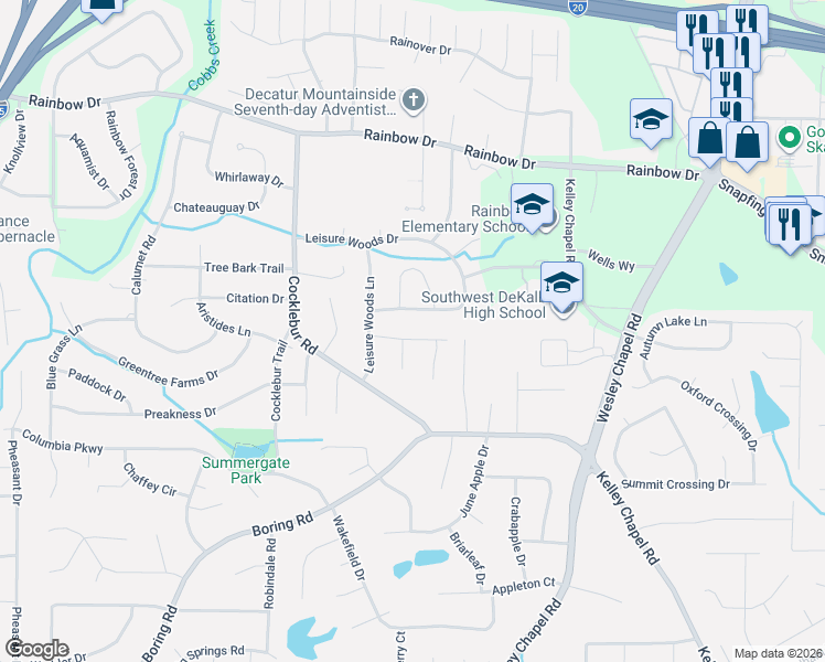 map of restaurants, bars, coffee shops, grocery stores, and more near 3898 Grand Pines Drive in Decatur